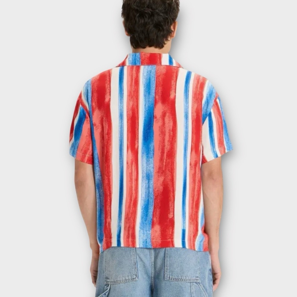 New Original Use Mens 100% Rayon Striped Button Down Shirt Size L Red White Blue - Picture 4 of 11